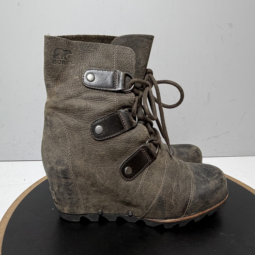 Sorel Boots Womens Size 8 Gray Leather Lace Up Wedge Ankle Booties NL1987-028